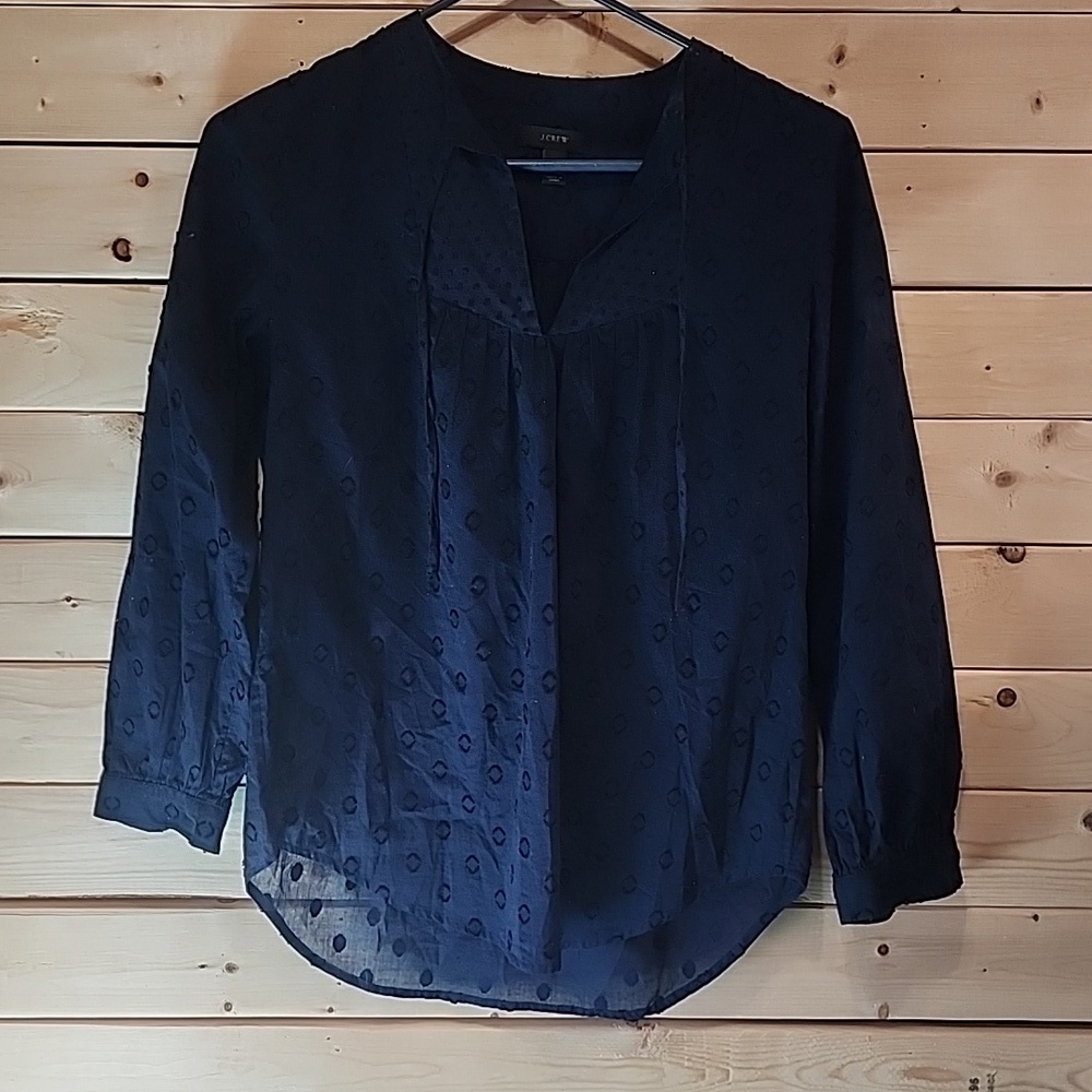 J.CREW Navy Blue Tunic Flocked Polka Dot Blouse Size  0 Womens Top 100%   Cotton